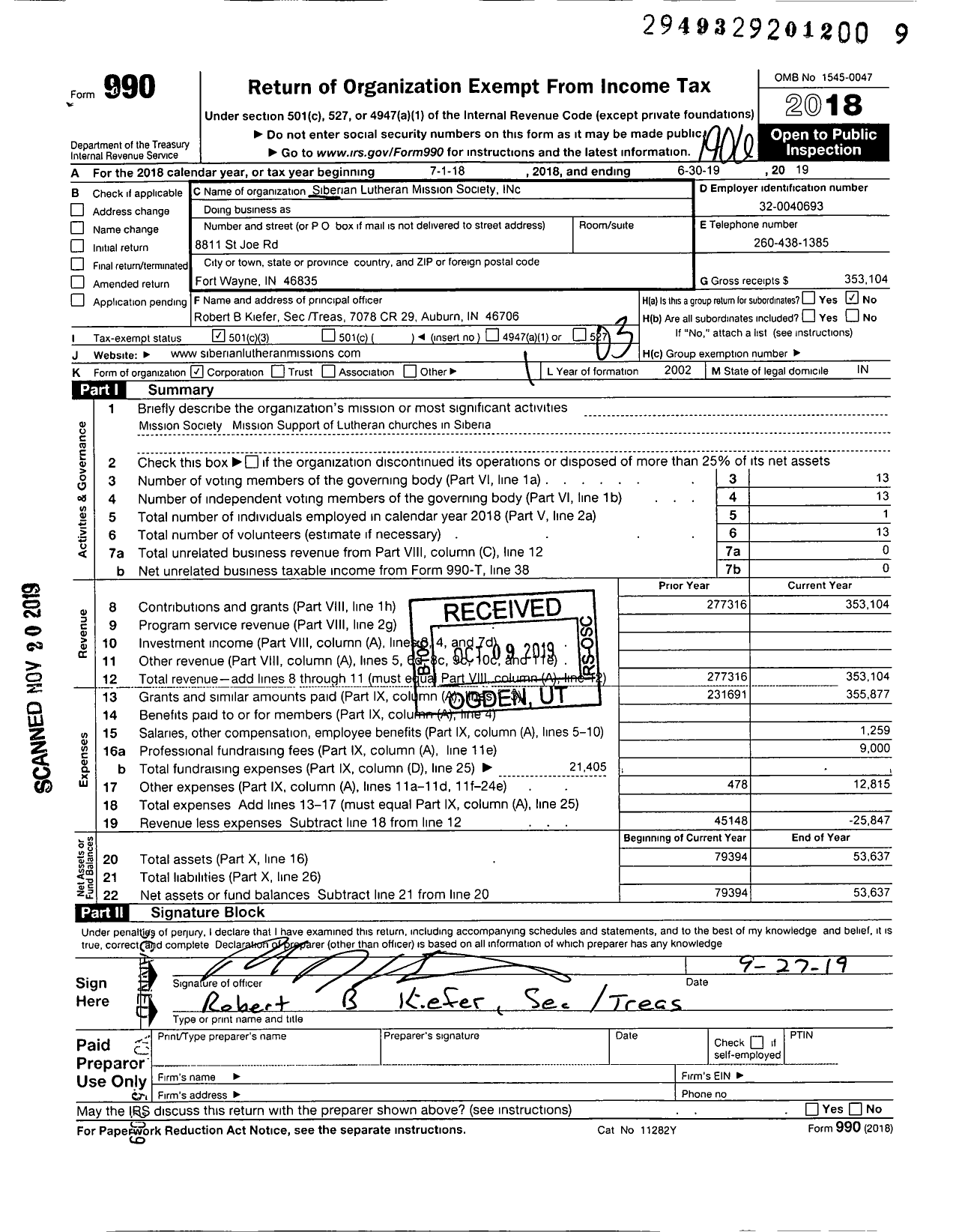 Image of first page of 2018 Form 990 for Siberian Lutheran Mission Society