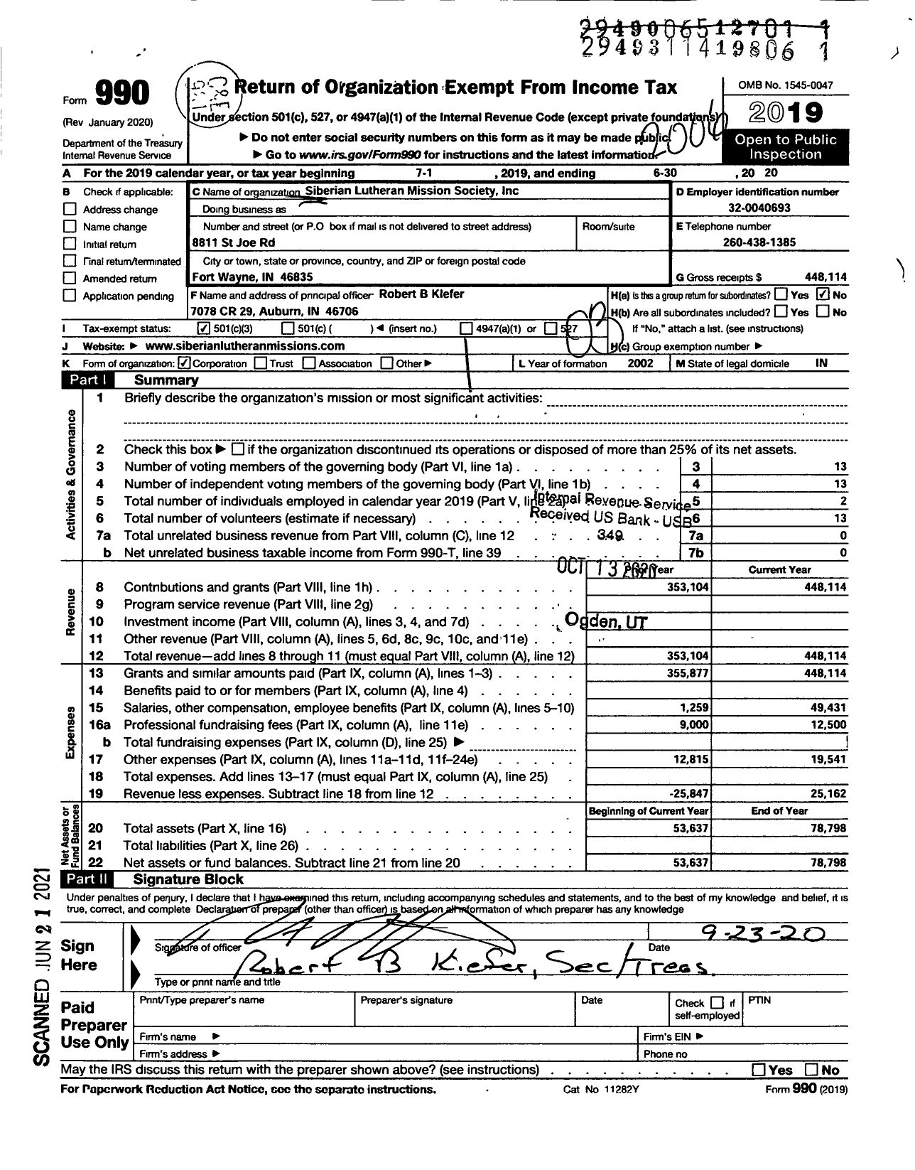 Image of first page of 2019 Form 990 for Siberian Lutheran Mission Society