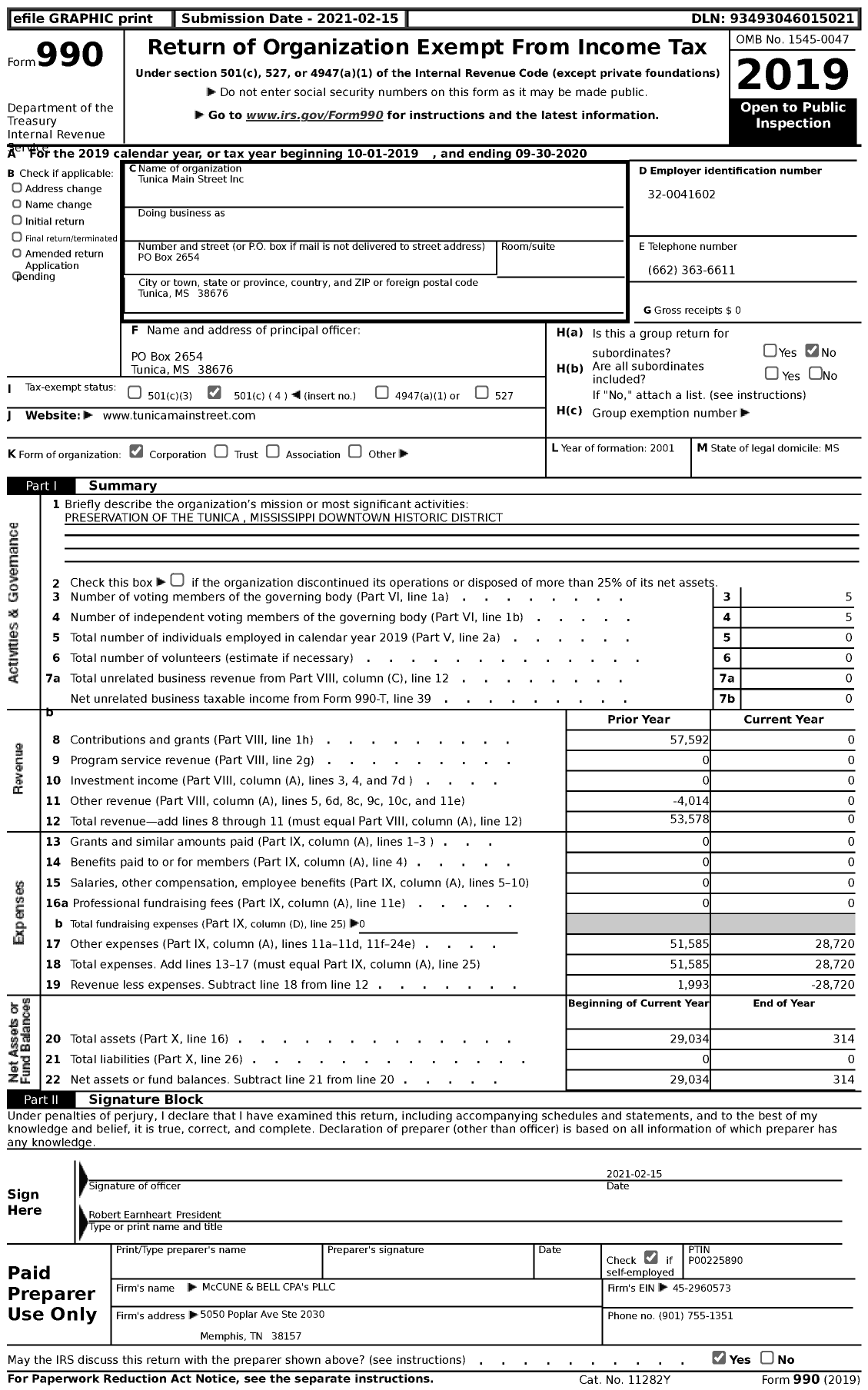 Image of first page of 2019 Form 990 for Tunica Main Street