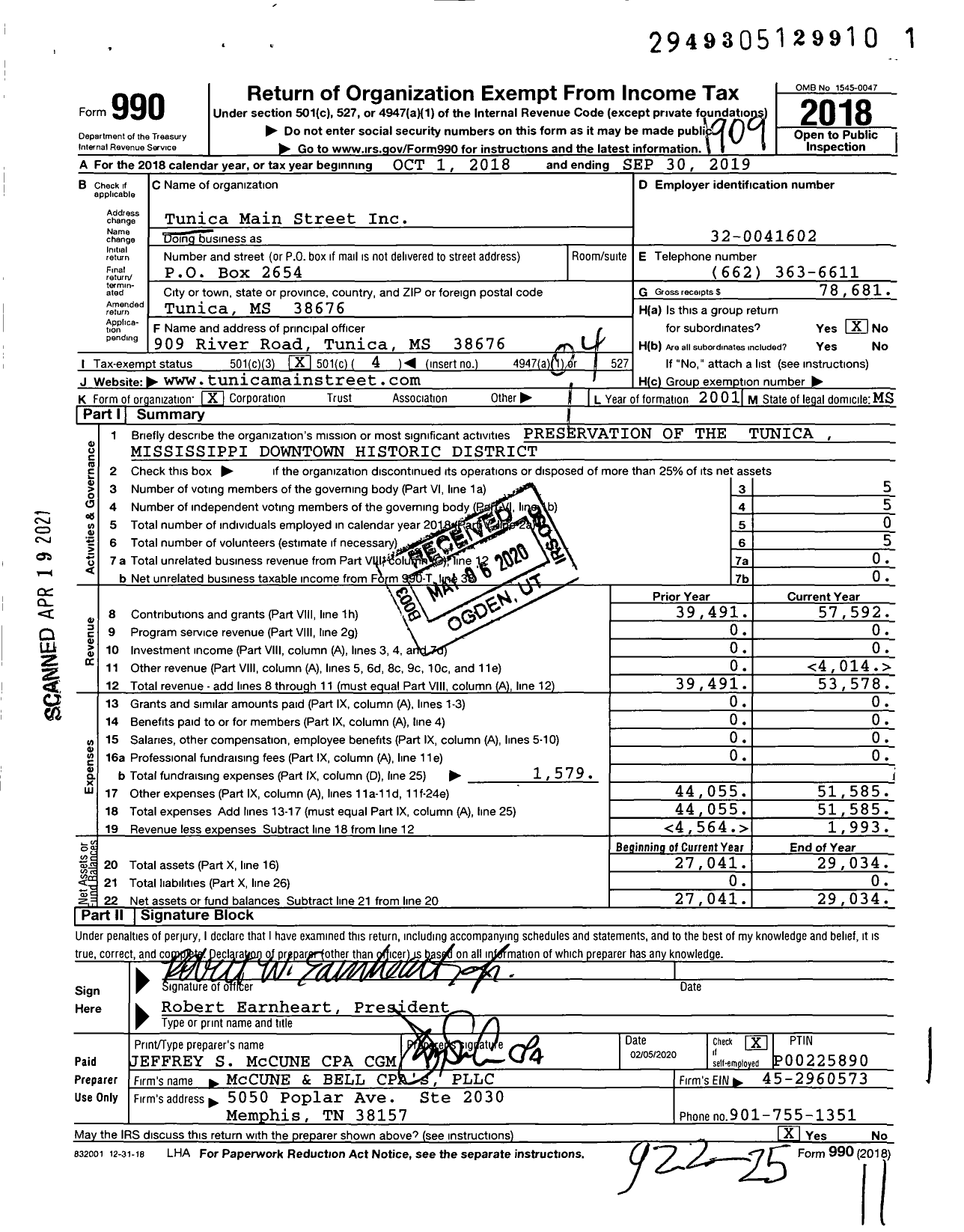 Image of first page of 2018 Form 990O for Tunica Main Street