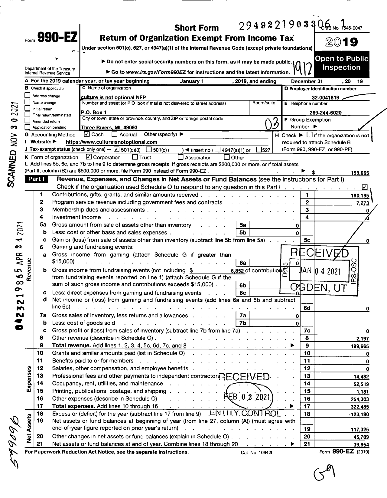 Image of first page of 2019 Form 990EZ for Culture Is Not Optional NFP