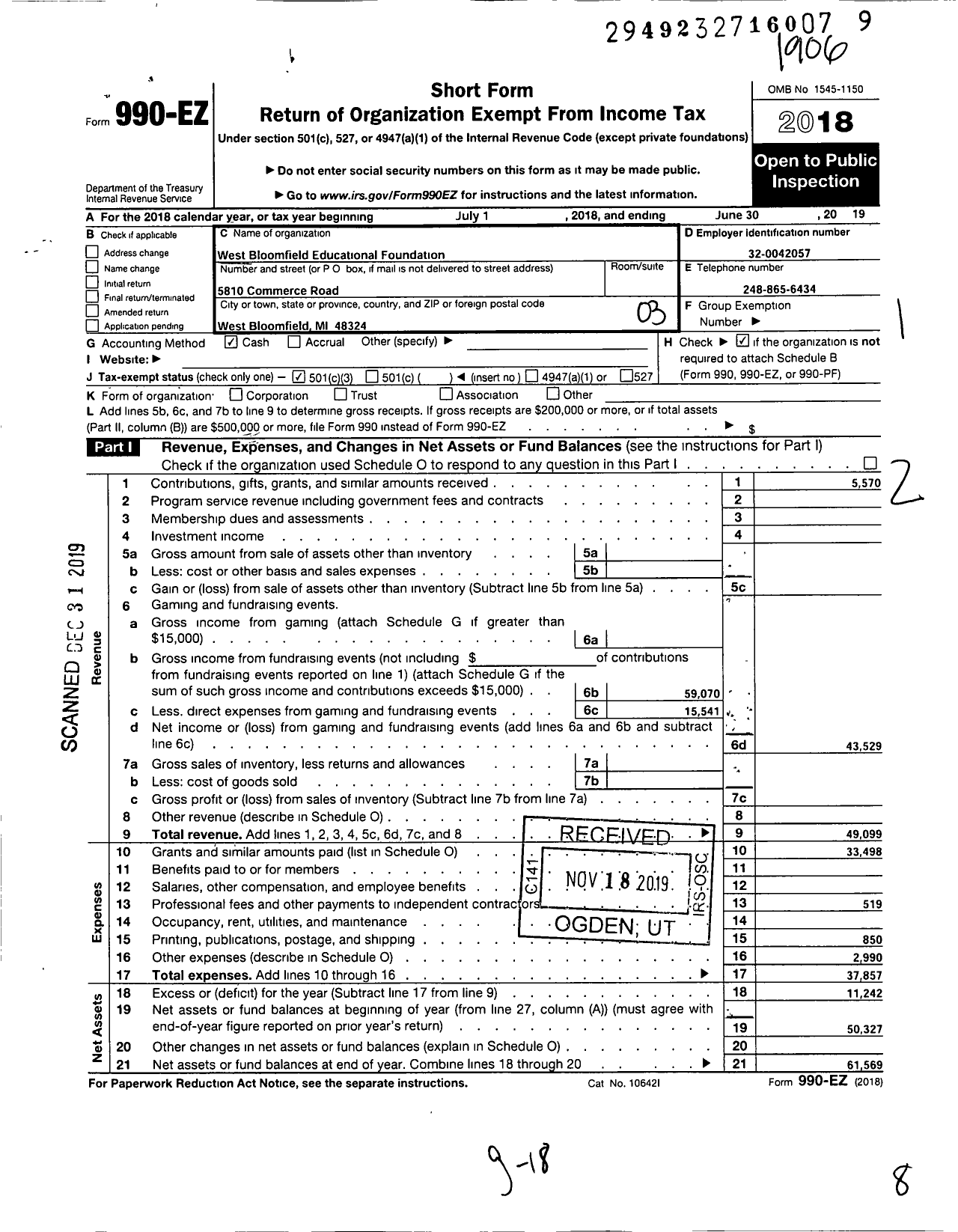 Image of first page of 2018 Form 990EZ for West Bloomfield School District Foundation