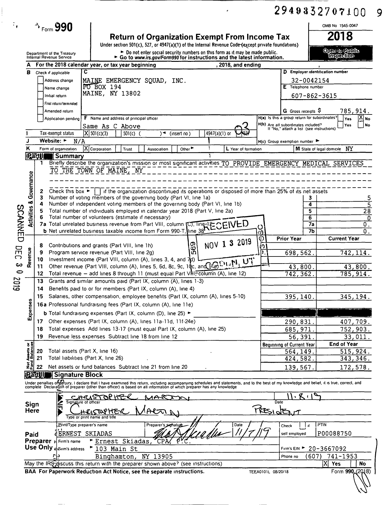 Image of first page of 2018 Form 990 for Maine Emergency Squad