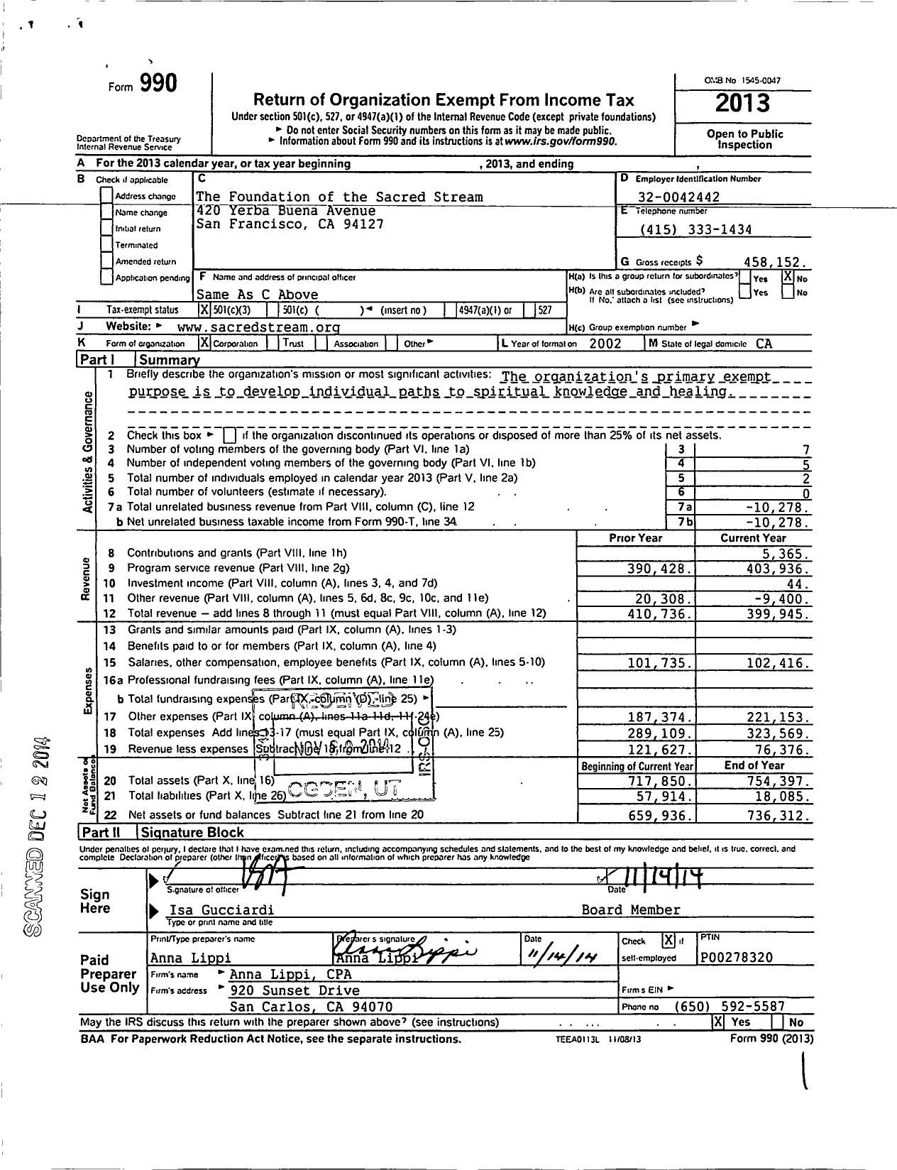 Image of first page of 2013 Form 990 for The Foundation of the Sacred Stream