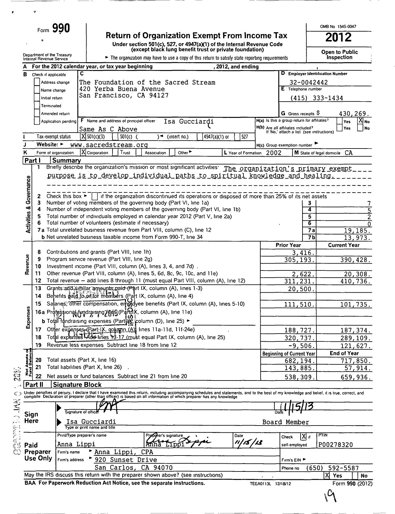 Image of first page of 2012 Form 990 for The Foundation of the Sacred Stream