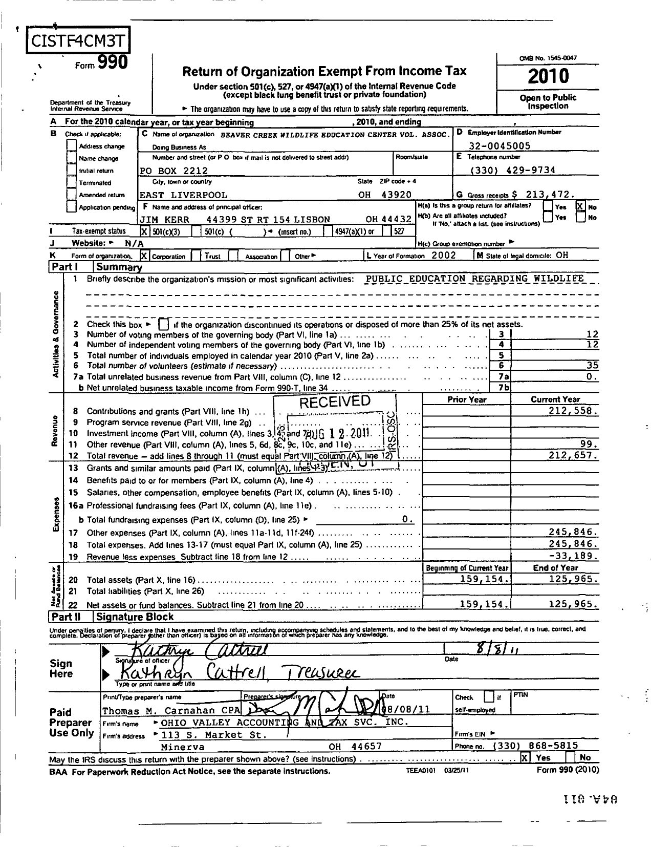 Image of first page of 2010 Form 990R for Beaver Creek Wildlife Education Center Volunteers Association