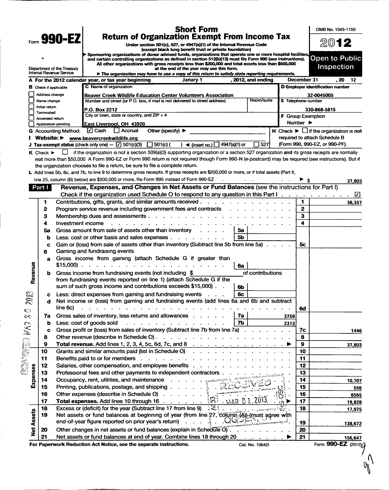 Image of first page of 2012 Form 990EZ for Beaver Creek Wildlife Education Center Volunteers Association