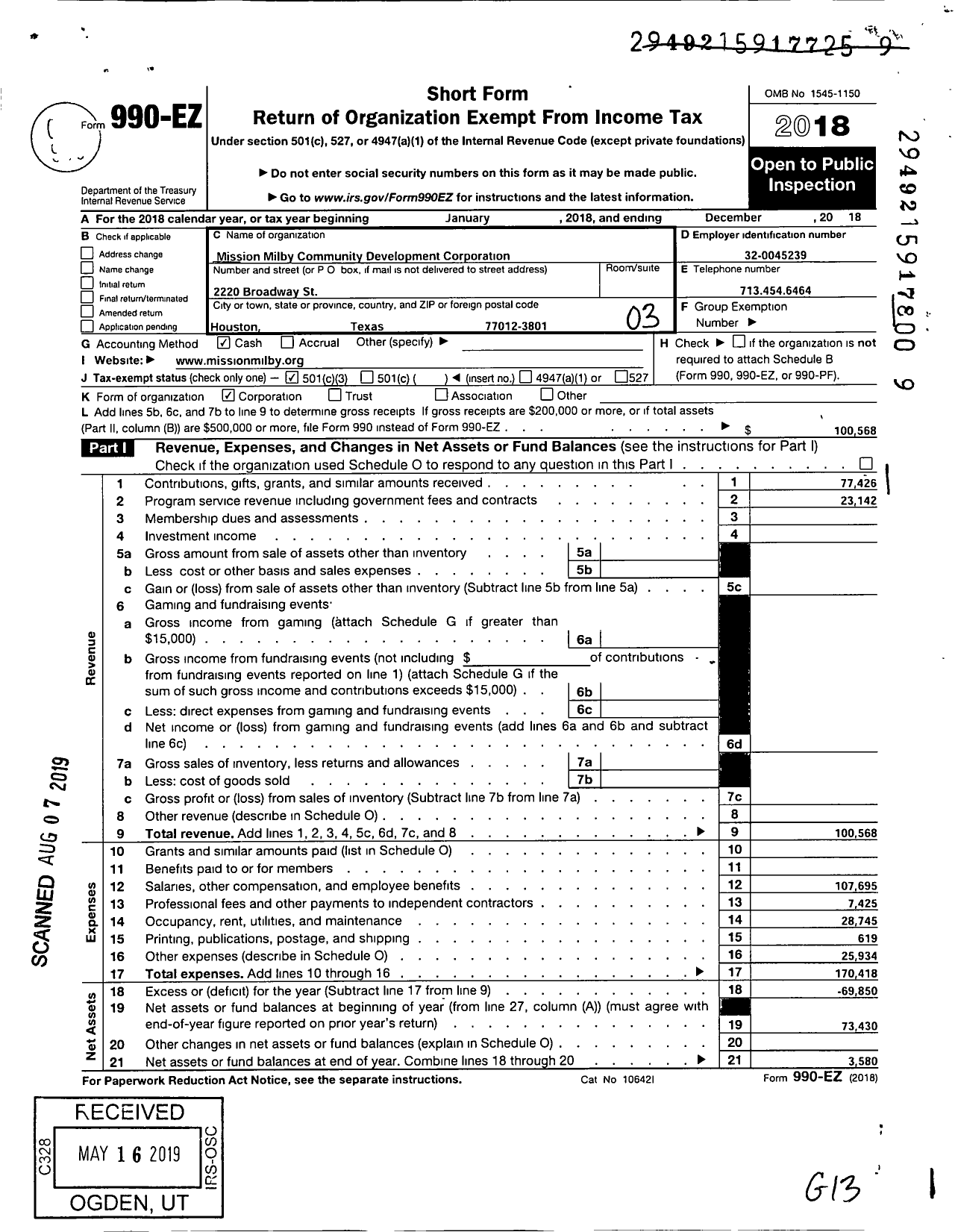 Image of first page of 2018 Form 990EZ for Mission Milby Community Development Corporation