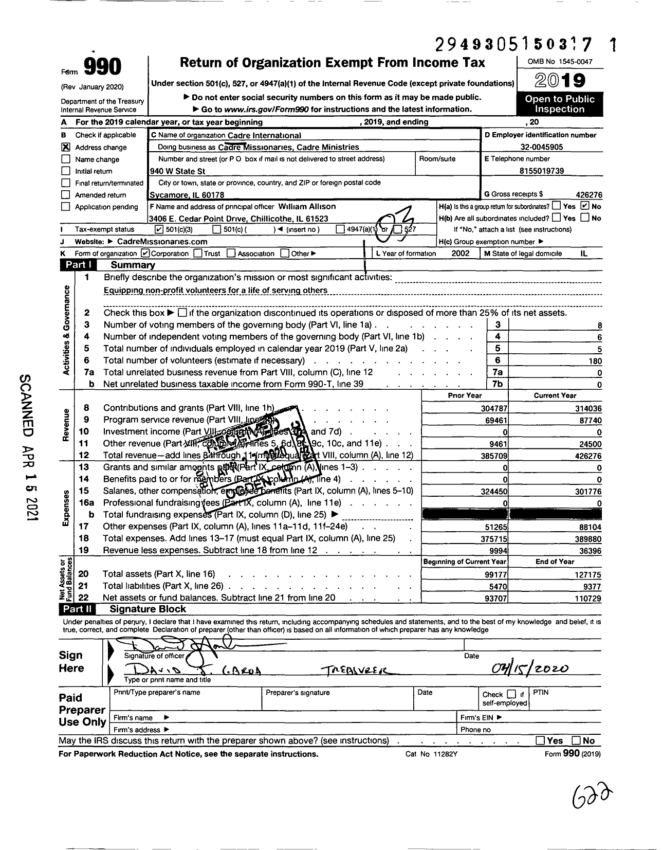 Image of first page of 2019 Form 990 for Cadre Missionariescadre Ministries