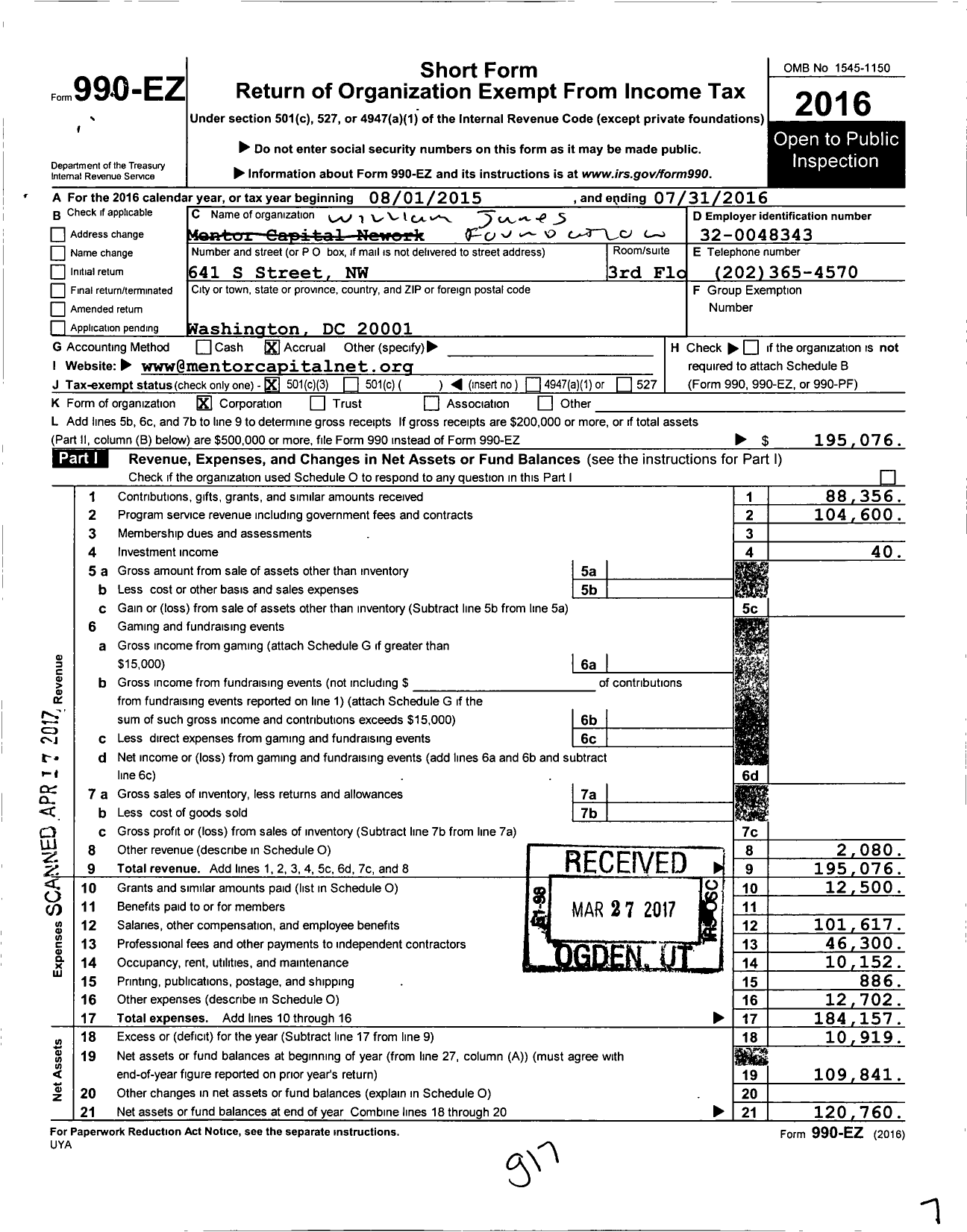 Image of first page of 2015 Form 990EZ for William James Foundation