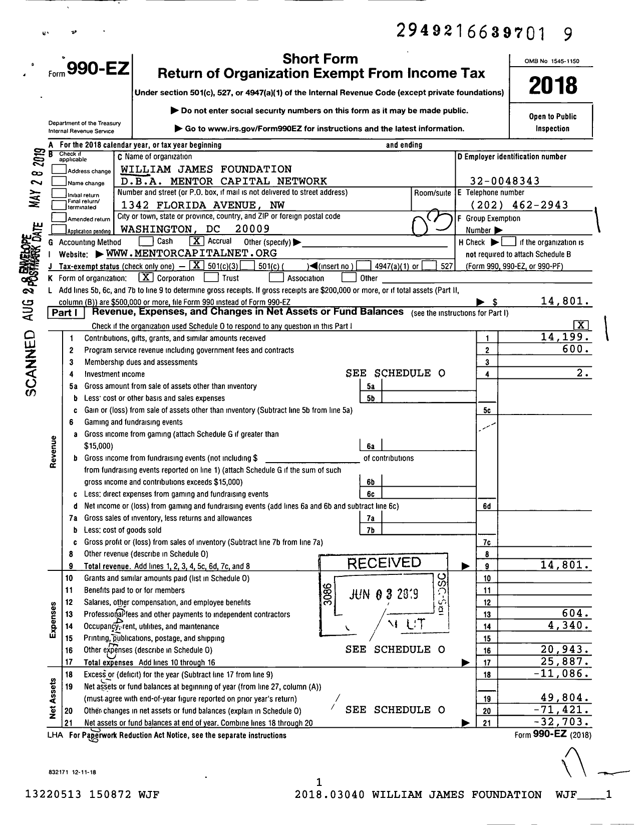 Image of first page of 2018 Form 990EZ for Mentor Capital Network