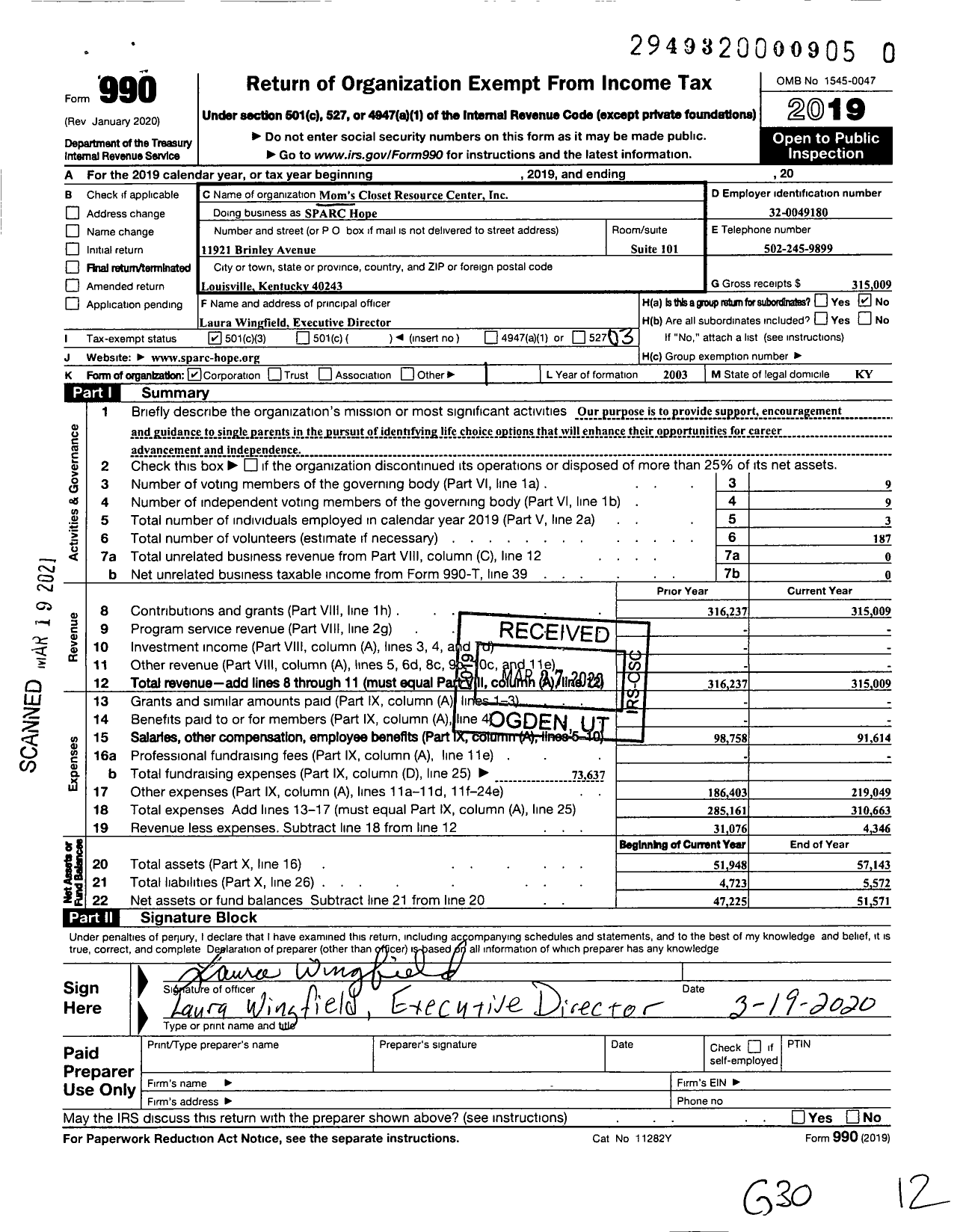 Image of first page of 2019 Form 990 for SPARC Hope