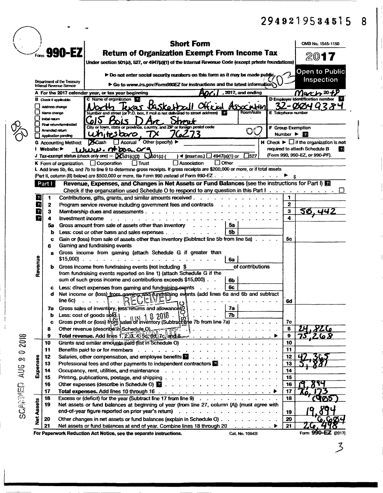 Image of first page of 2017 Form 990EO for Greater North Texas Basketball Officials Association