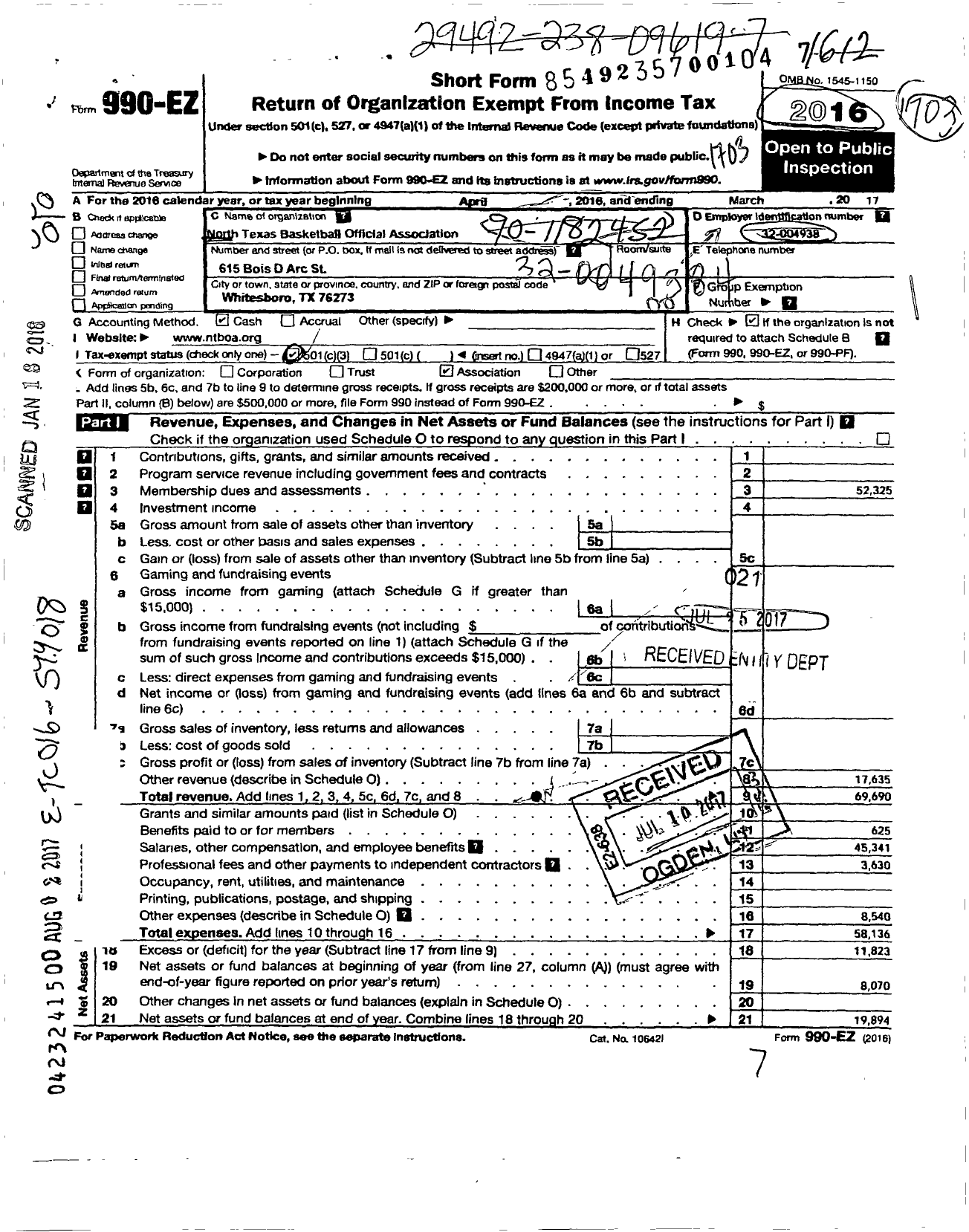 Image of first page of 2016 Form 990EO for Greater North Texas Basketball Officials Association