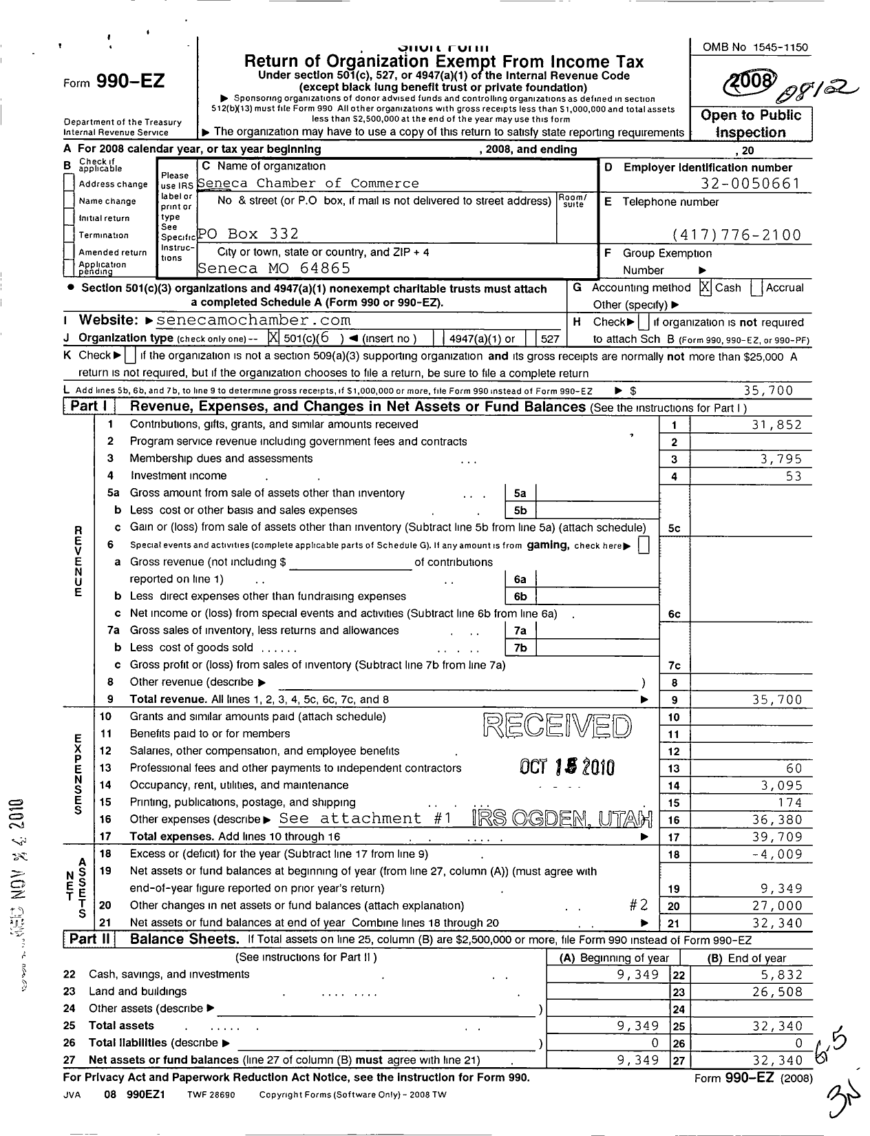 Image of first page of 2008 Form 990EO for Seneca Chamber of Commerce