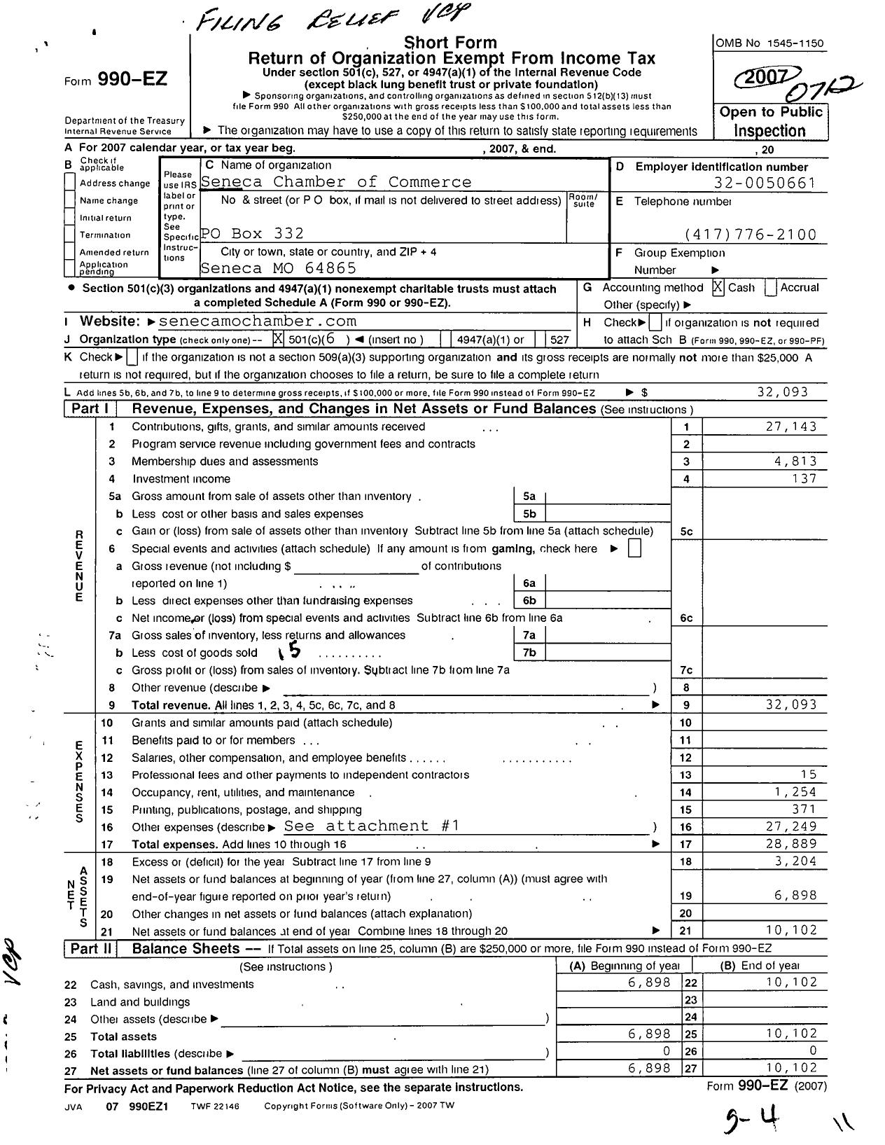 Image of first page of 2007 Form 990EO for Seneca Chamber of Commerce