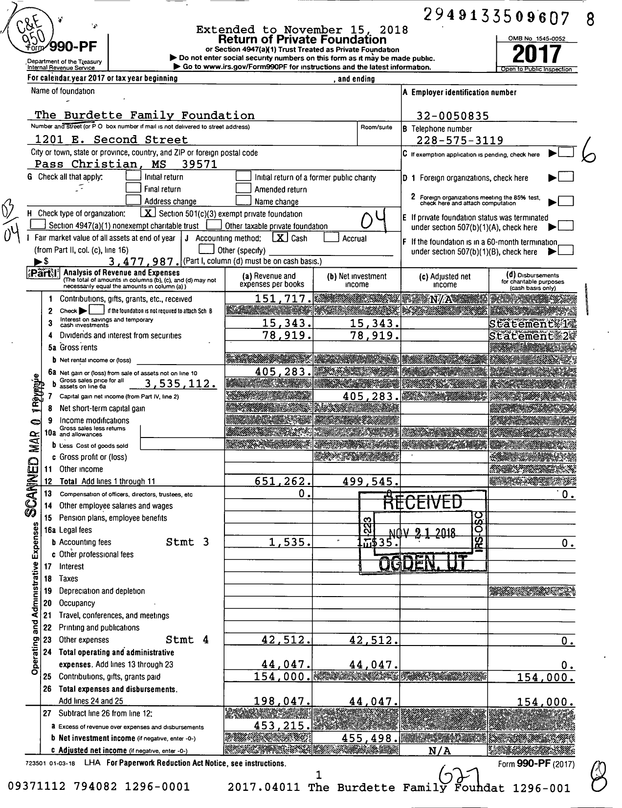 Image of first page of 2017 Form 990PF for The Burdette Family Foundation