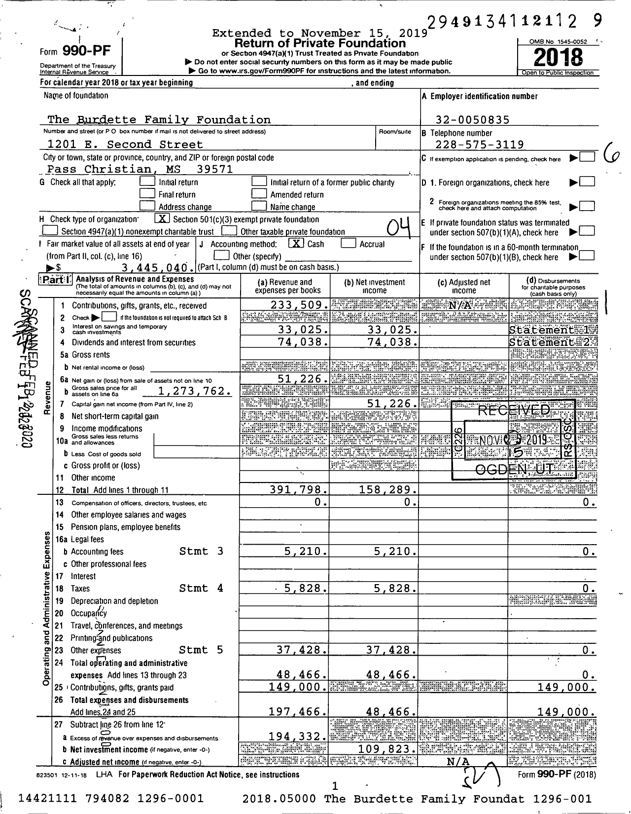 Image of first page of 2018 Form 990PF for The Burdette Family Foundation