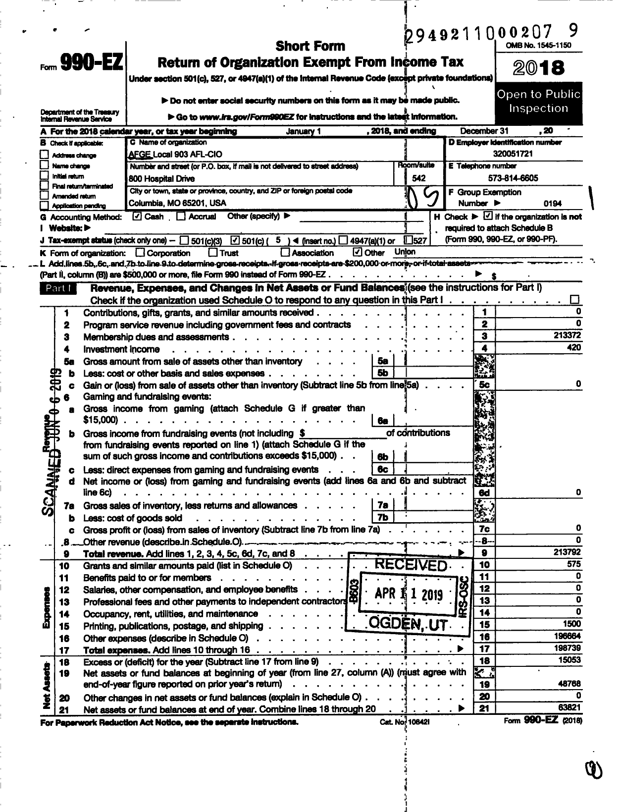 Image of first page of 2018 Form 990EO for American Federation of Government Employees Local 903