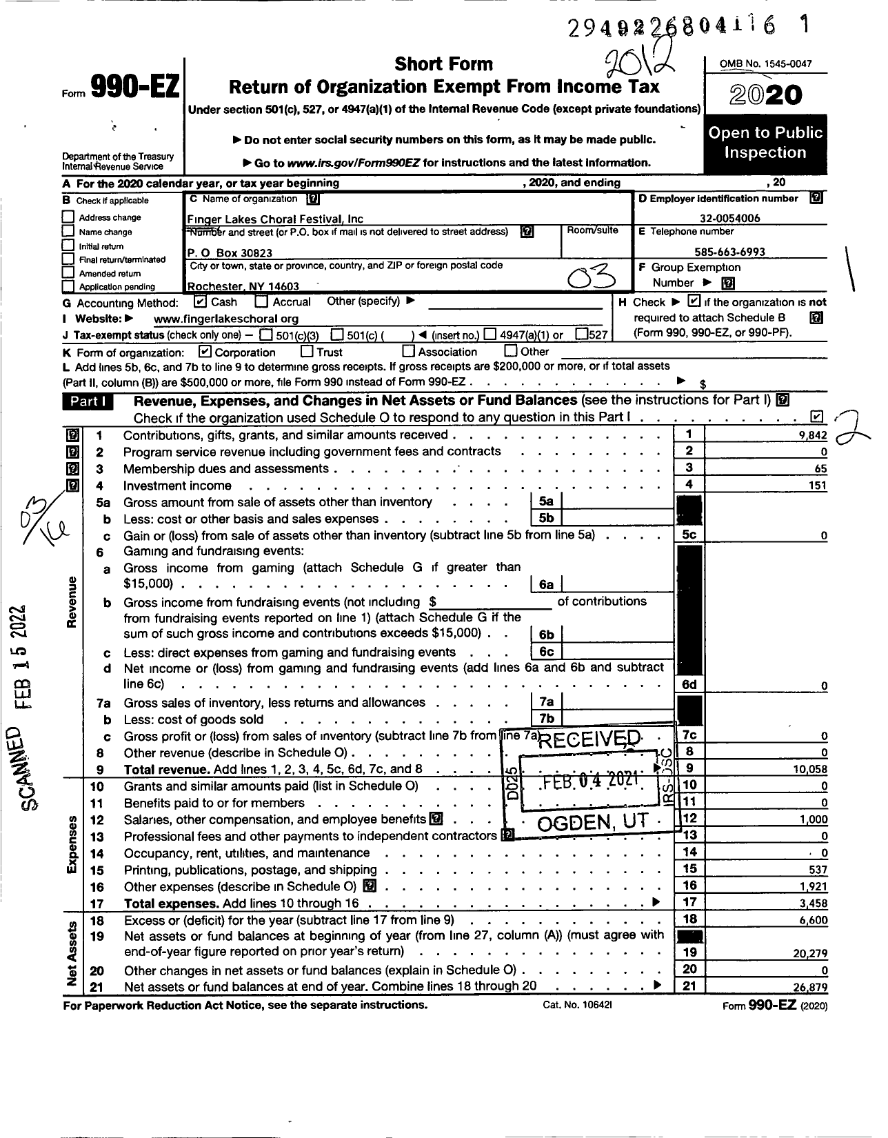 Image of first page of 2020 Form 990EZ for Finger Lakes Choral Festival