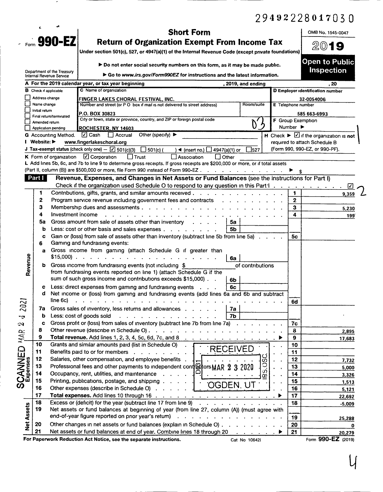 Image of first page of 2019 Form 990EZ for Finger Lakes Choral Festival