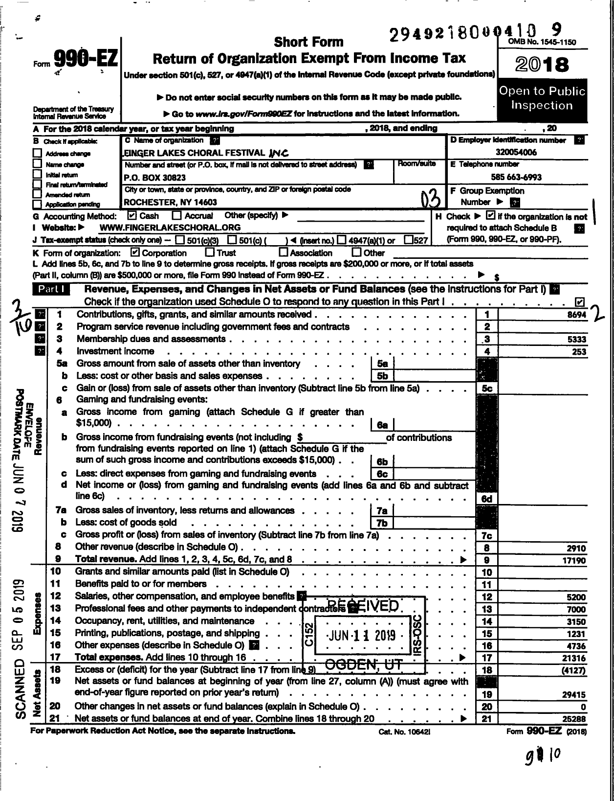 Image of first page of 2018 Form 990EZ for Finger Lakes Choral Festival