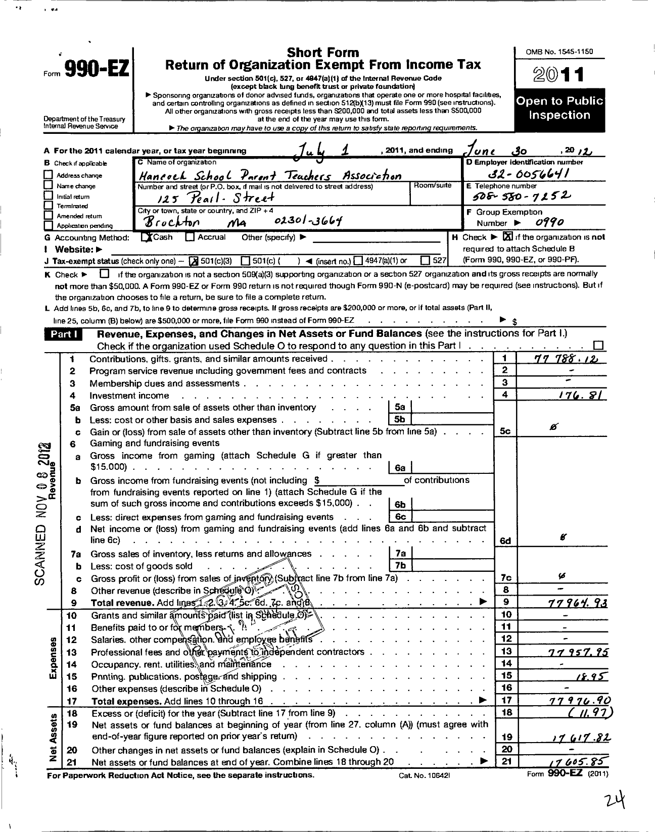 Image of first page of 2011 Form 990EZ for PTA Hancock School