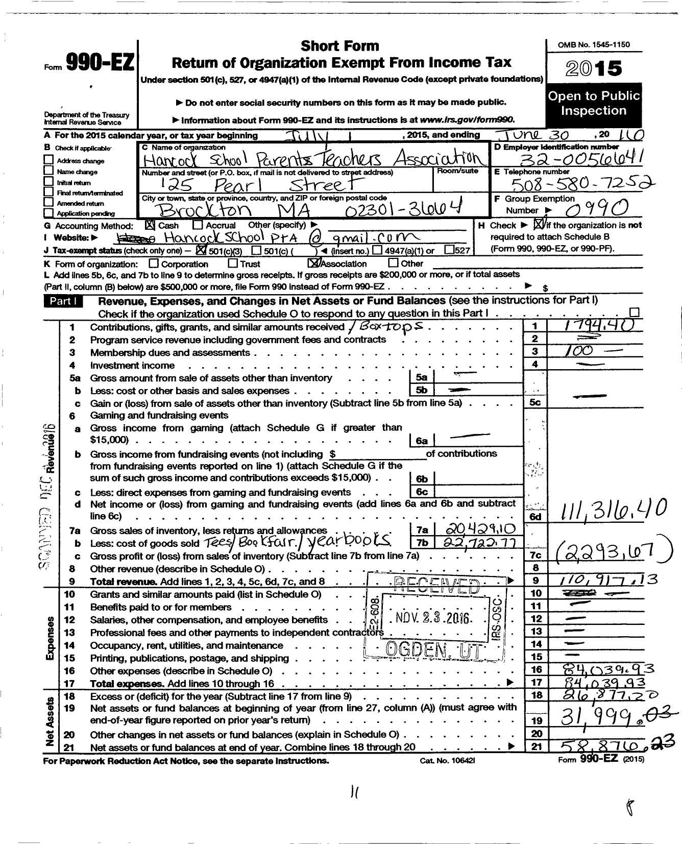 Image of first page of 2015 Form 990EZ for PTA Hancock School