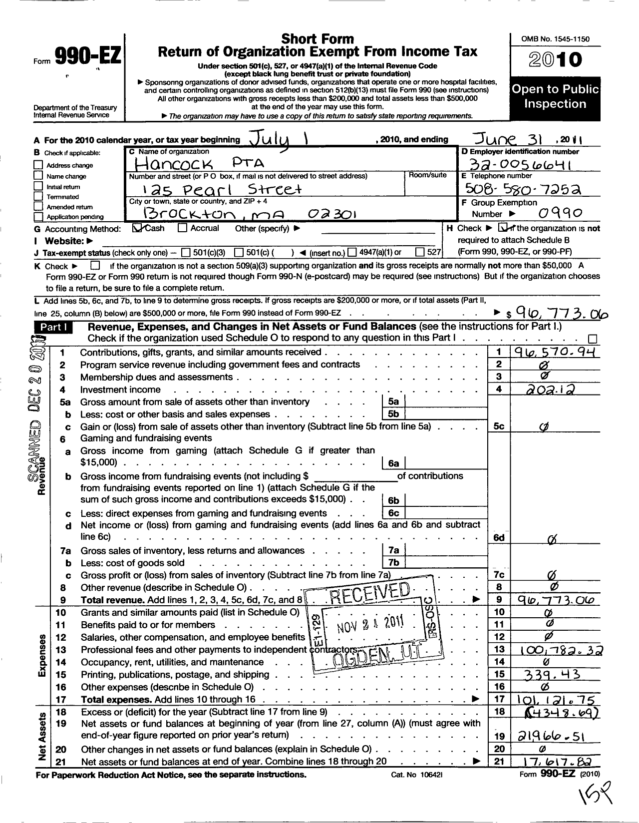 Image of first page of 2010 Form 990EO for PTA Hancock School