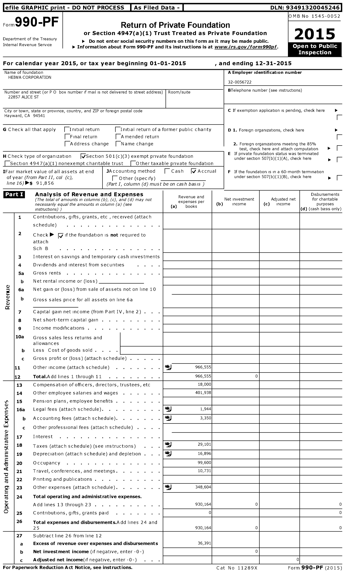 Image of first page of 2015 Form 990PF for Heiwa Corporation