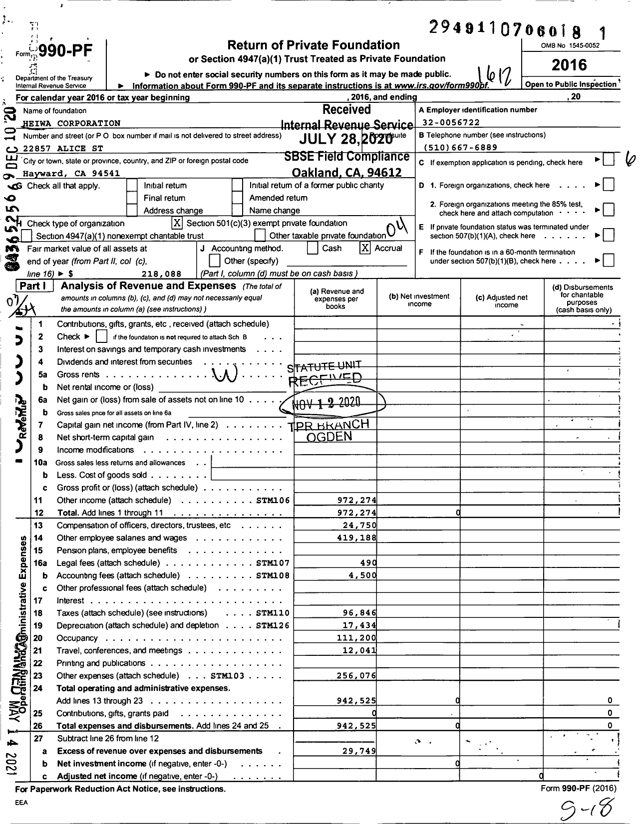 Image of first page of 2016 Form 990PF for Heiwa Corporation