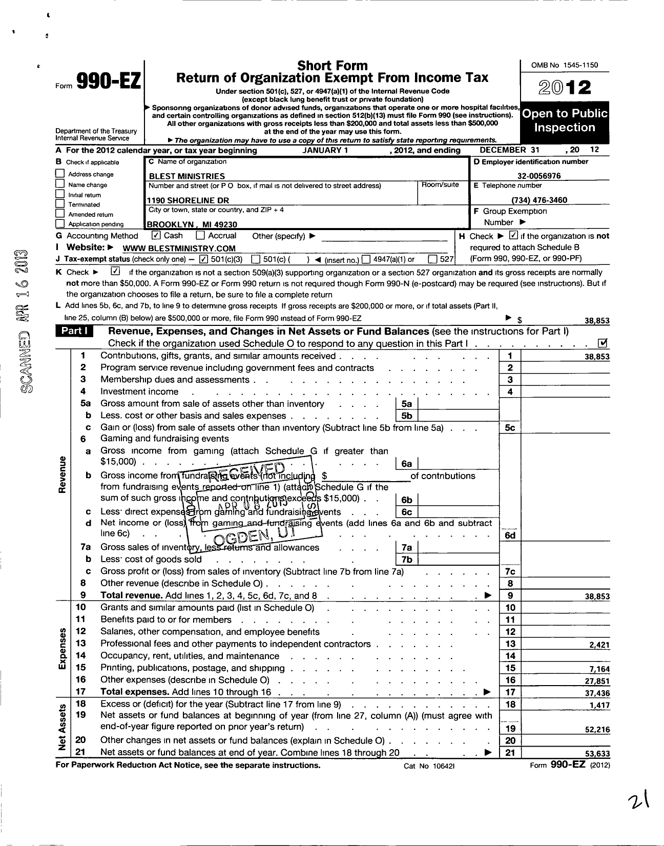 Image of first page of 2012 Form 990EZ for Blest Ministries