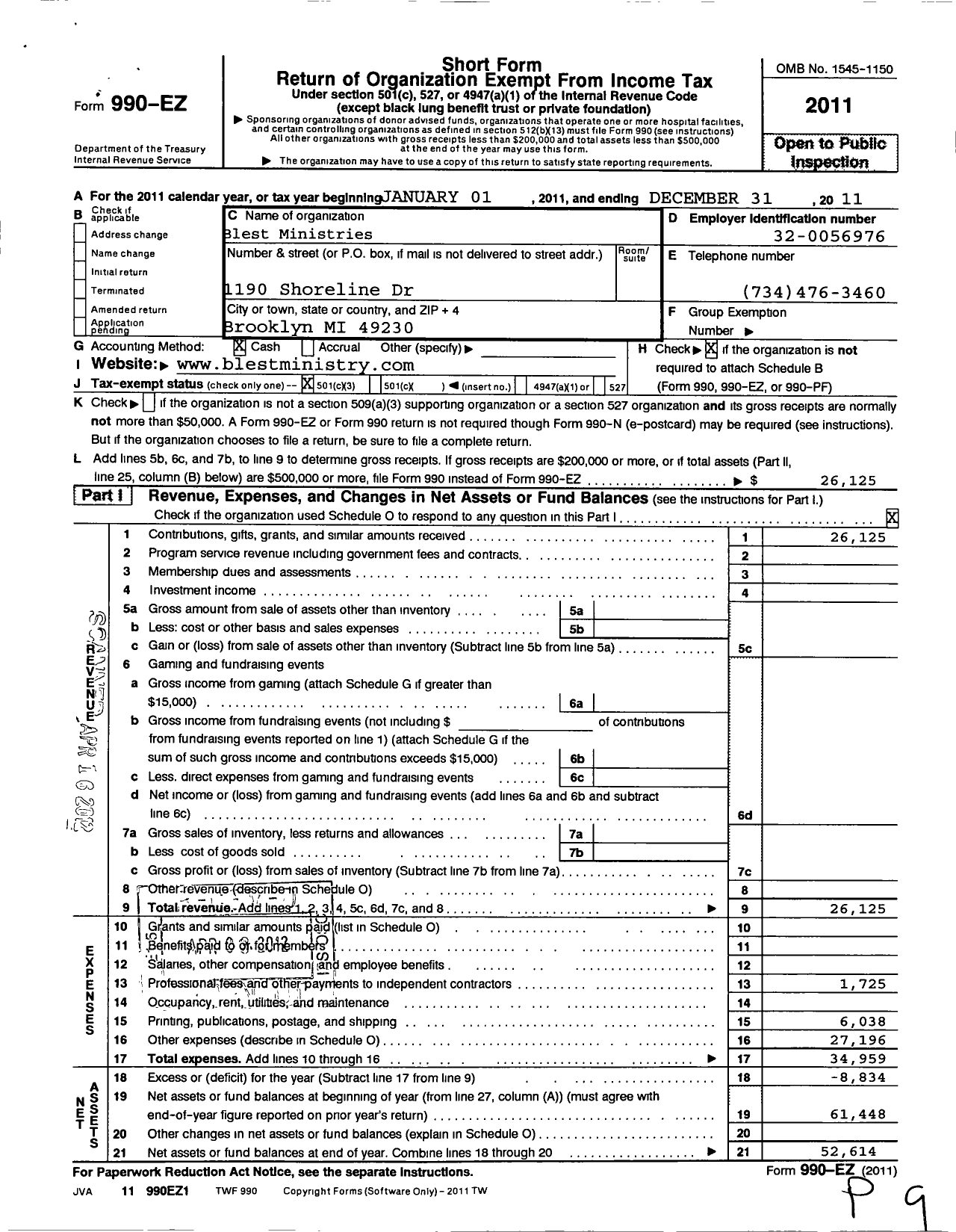 Image of first page of 2011 Form 990EZ for Blest Ministries