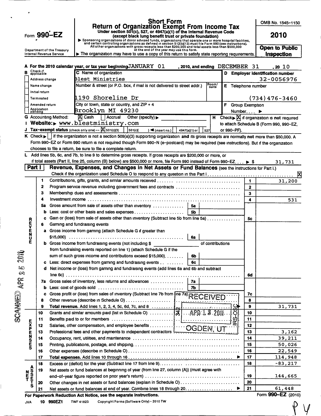 Image of first page of 2010 Form 990EZ for Blest Ministries