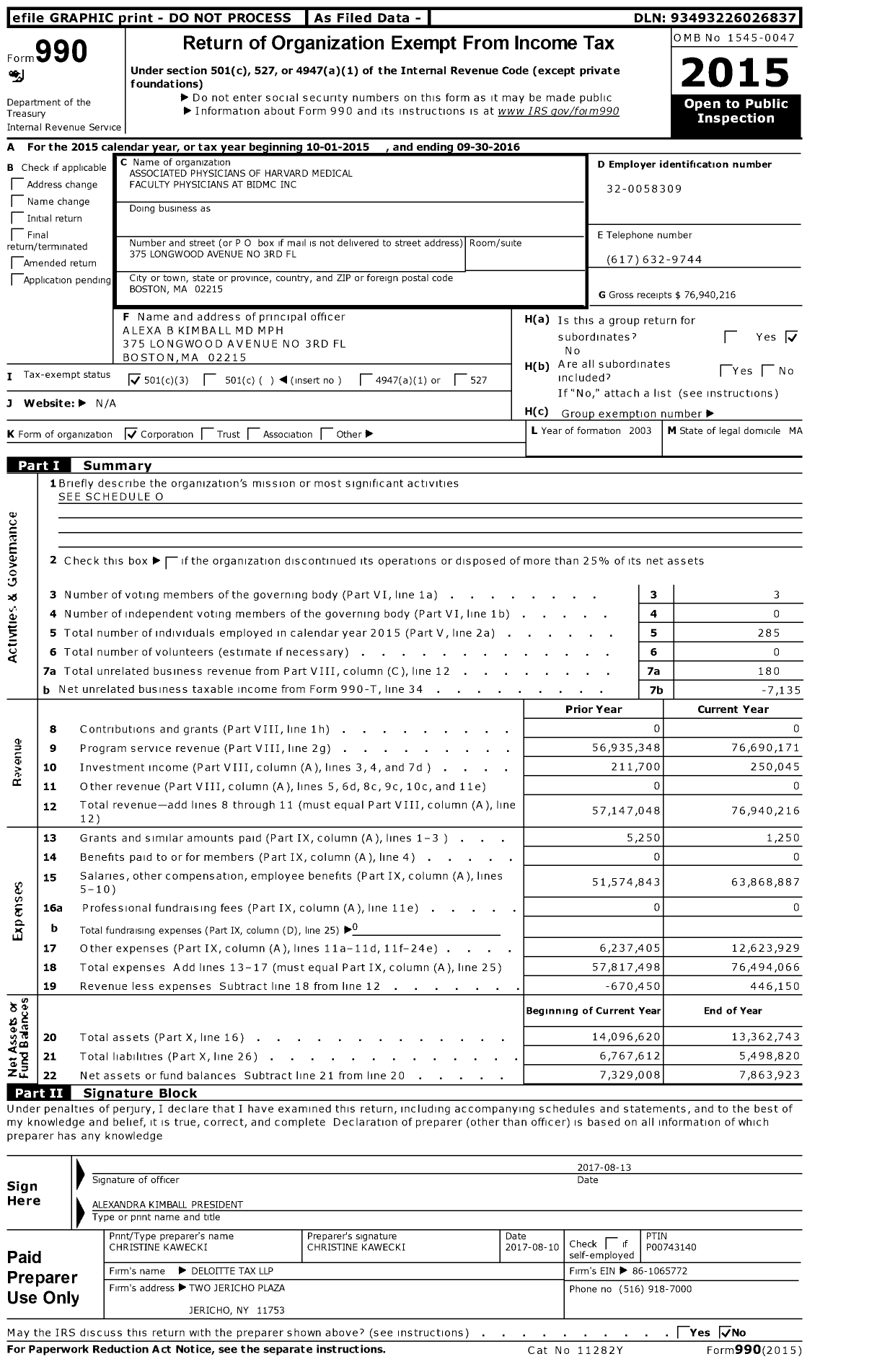 Image of first page of 2015 Form 990 for Associated Physicians of Harvard Medical Faculty Physicians at Bidmc