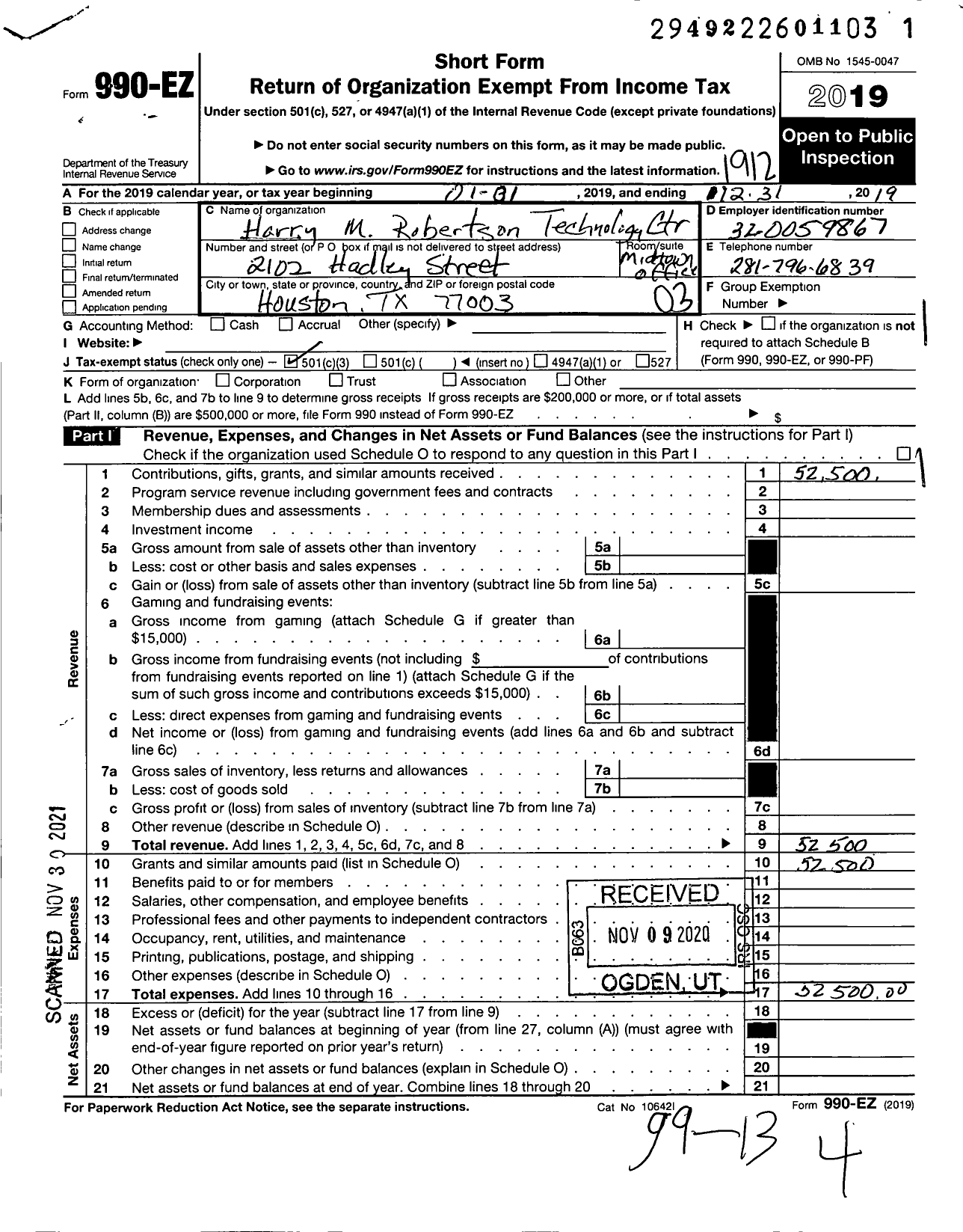 Image of first page of 2019 Form 990EZ for Harry M Robertson Technology Center