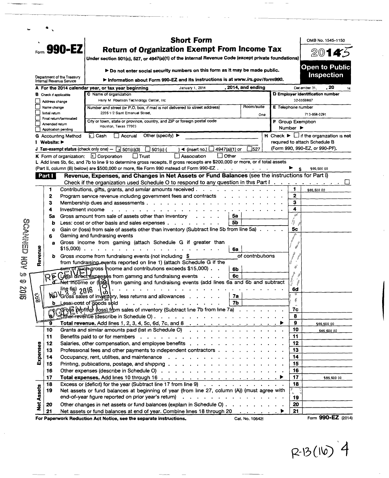 Image of first page of 2014 Form 990EZ for Harry M Robertson Technology Center