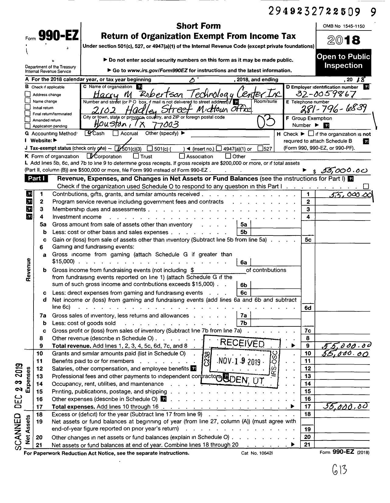 Image of first page of 2018 Form 990EZ for Harry M Robertson Technology Center