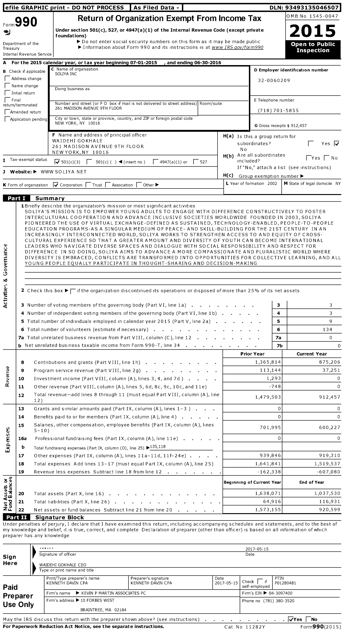 Image of first page of 2015 Form 990 for Soliya