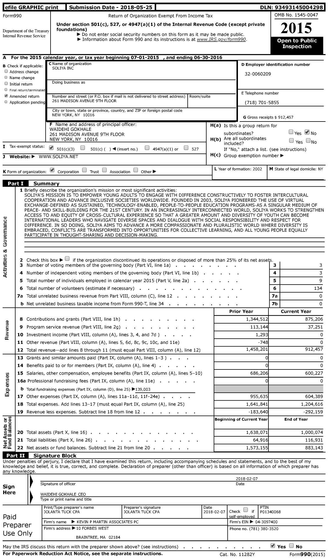 Image of first page of 2015 Form 990 for Soliya