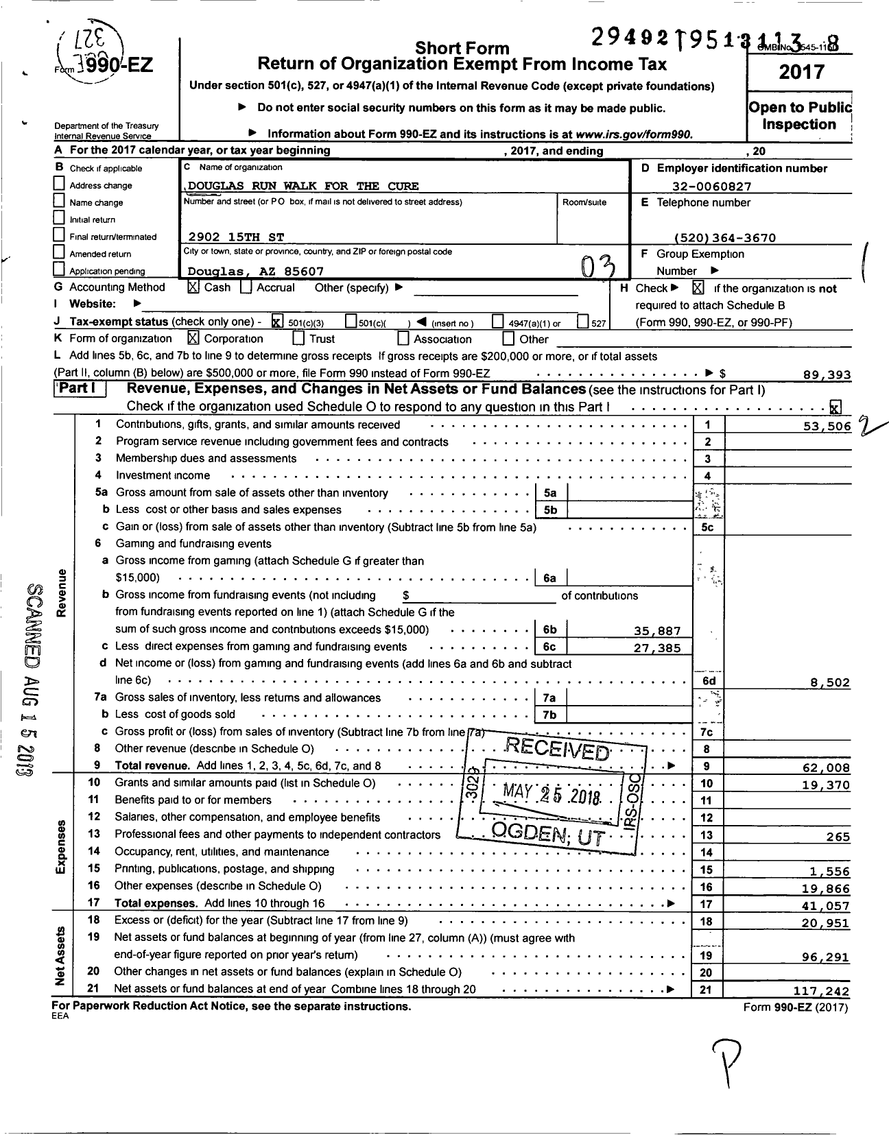 Image of first page of 2017 Form 990EZ for Douglas Run-Walk for the Cure