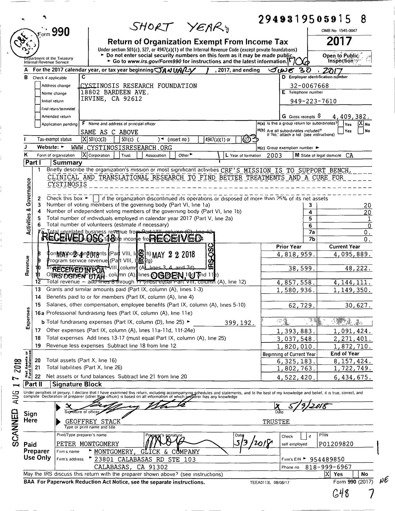 Image of first page of 2016 Form 990 for Cystinosis Research Foundation