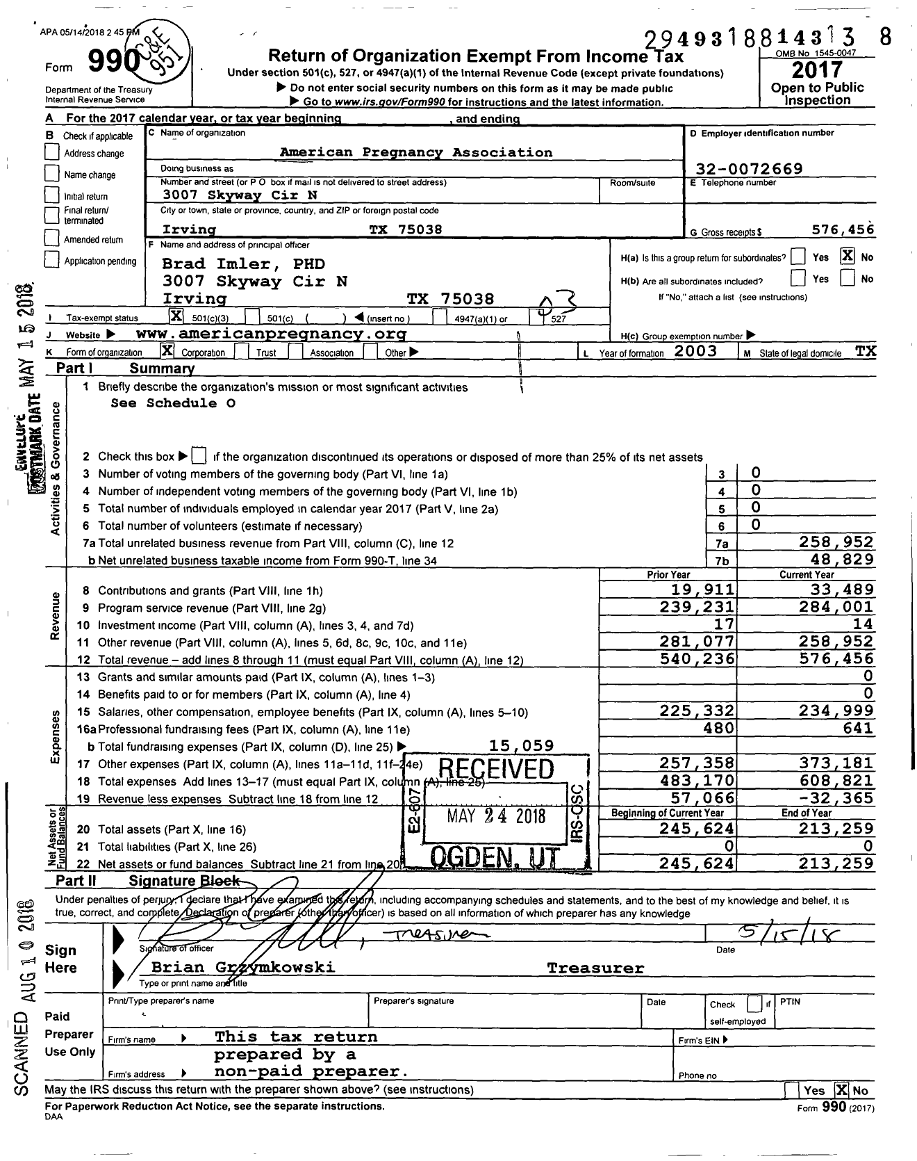 Image of first page of 2017 Form 990 for American Pregnancy Association