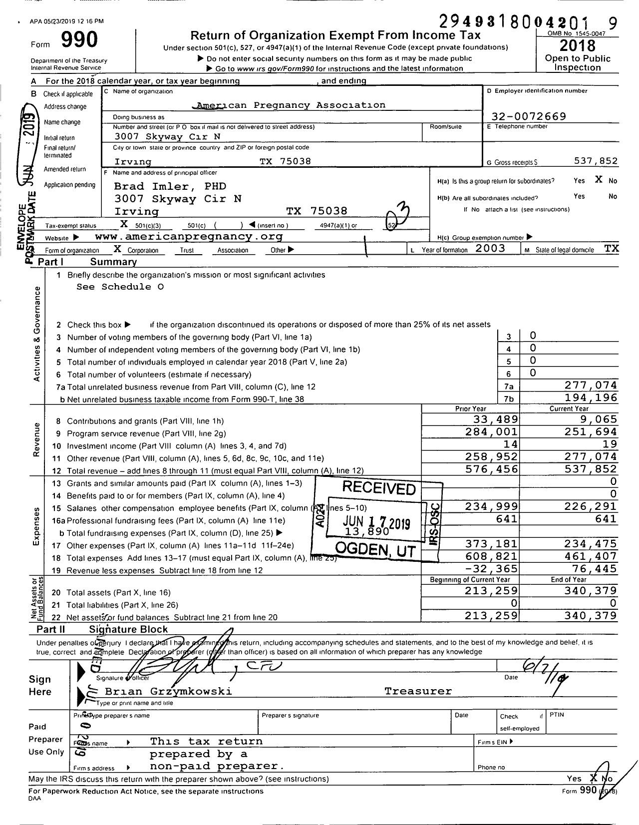 Image of first page of 2018 Form 990 for American Pregnancy Association