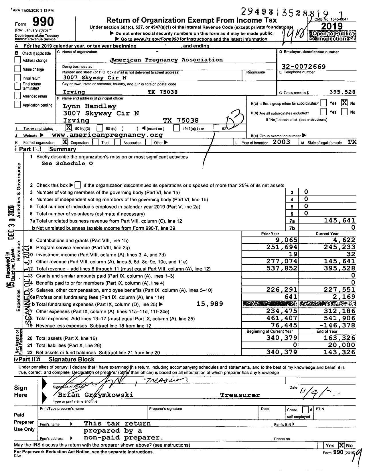 Image of first page of 2019 Form 990 for American Pregnancy Association