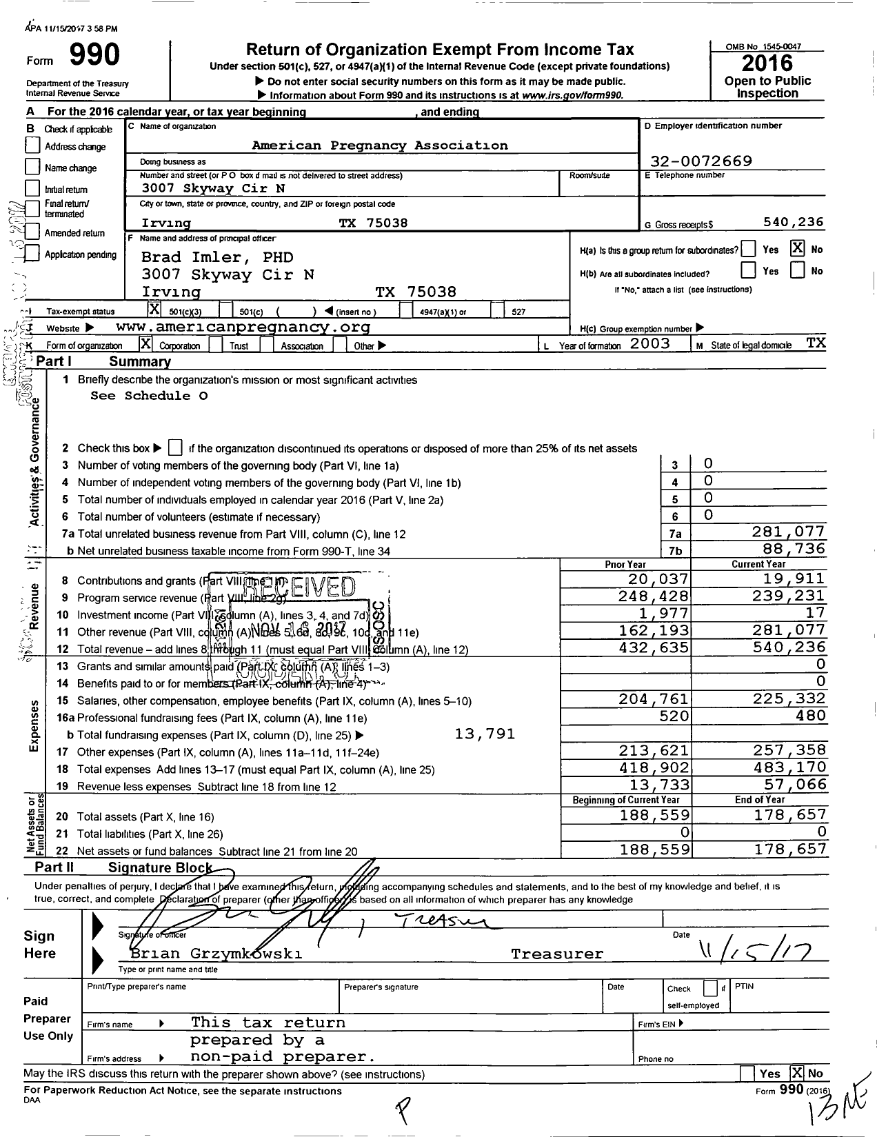 Image of first page of 2016 Form 990 for American Pregnancy Association