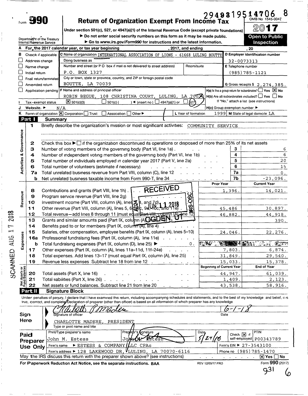 Image of first page of 2017 Form 990 for International Association of Lions - 61668 Luling Luling-Boutte