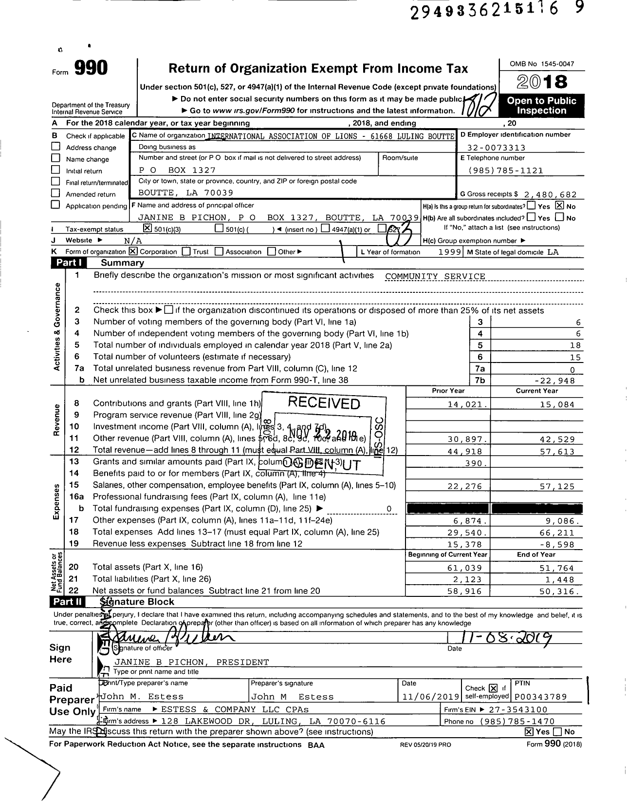 Image of first page of 2018 Form 990 for International Association of Lions - 61668 Luling Luling-Boutte