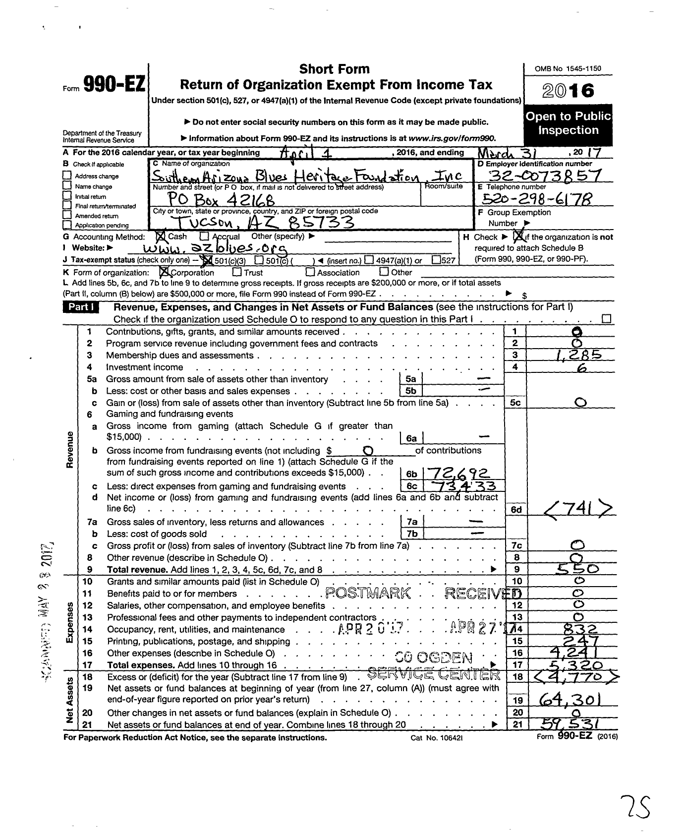 Image of first page of 2016 Form 990EZ for Southern Arizona Blues Heritage Foundation