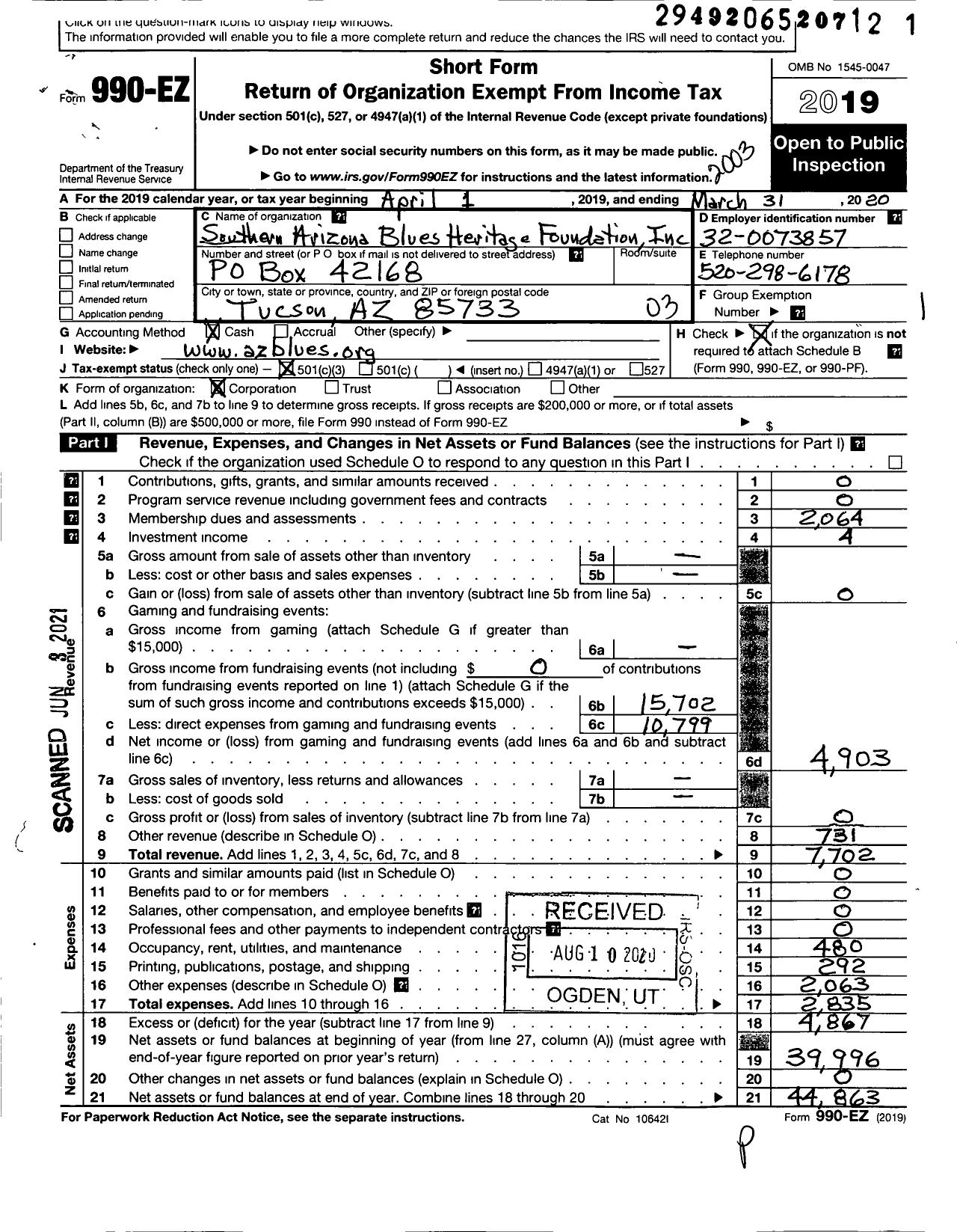 Image of first page of 2019 Form 990EZ for Southern Arizona Blues Heritage Foundation